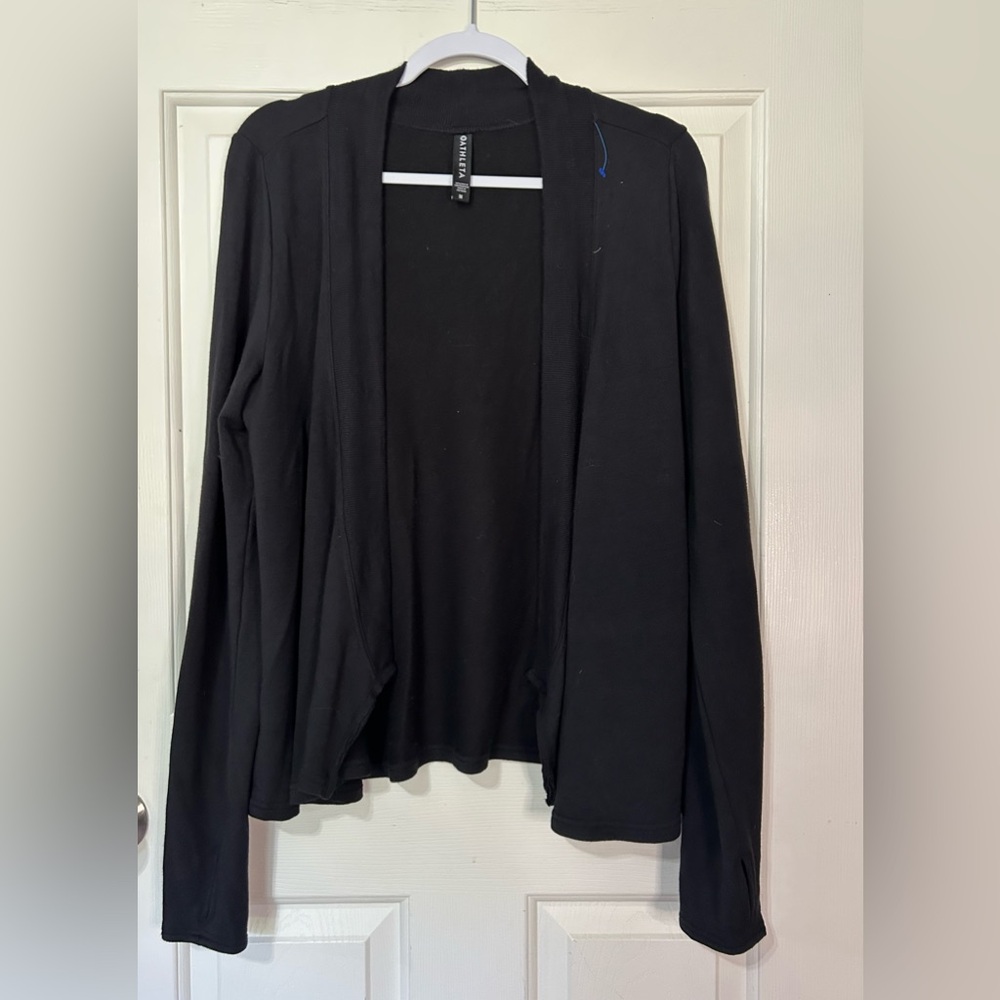Athleta Sweater Womens Medium Black Cardigan Stretch Open Wrap Flowy Knit Casual